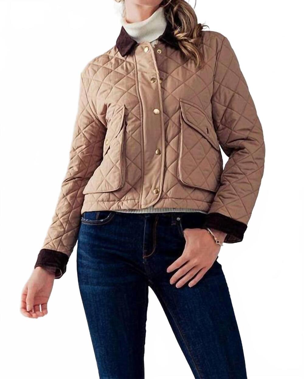 NEW LOVE TREE barn quilted padded jacket with corduroy trim in khaki